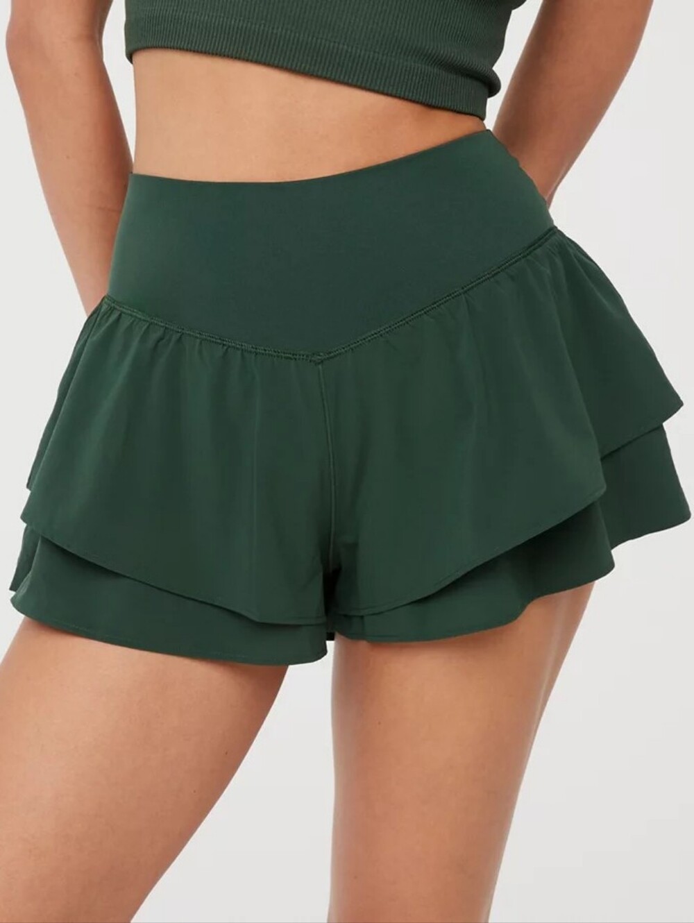 OFFLINE By Aerie Real Me Flirty Short Sycamore Green High Waisted Ruffle Large